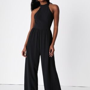 Lulus Perfectly Elegant Black Halter Backless Wide-leg Jumpsuit - Size S